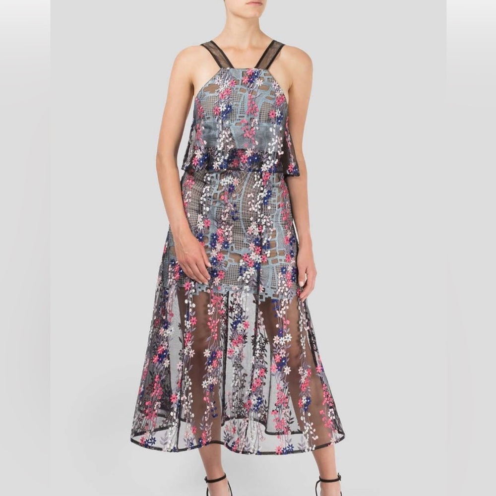Self-Portrait Black Sheer Maxi Dress with Pink and Blue Floral Embroidery